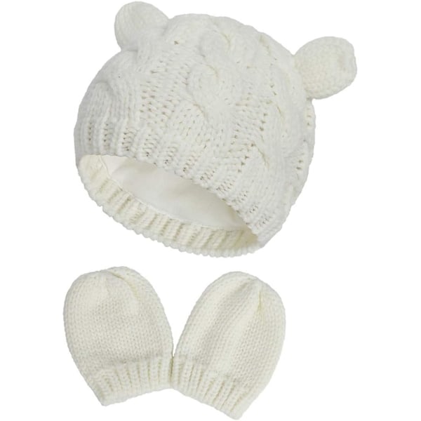 Newborn Baby Cap and Gloves Set, Winter Knitted Beanie Hats - Soft and Cozy, White, 0-3 Months