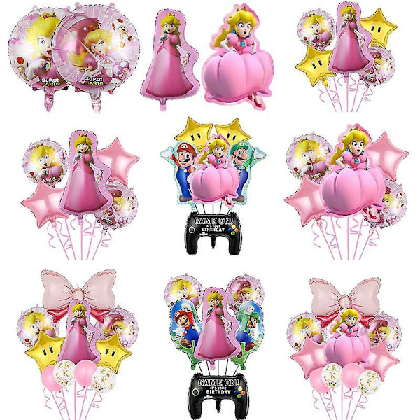 Super Mario Bros Set Prinsessan Peach Ballonger Kostym Festdekoration Rosa Dekorativa Fototillbehör Födelsedag Baby Shower 5pcs set-H