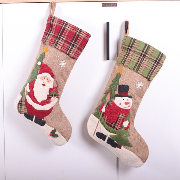 2 Pairs Christmas Decorations Large Snowman Embroidered Christmas Stocking Gingham Cotton Linen Gift Bag Pendant 46*28*84cm