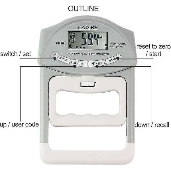 Camry Digital Grip Strength Tester Dynamometer Automatisk Registrering 200 Lbs/90 Kg 19.5*12.5*3m (Grå)fonepro