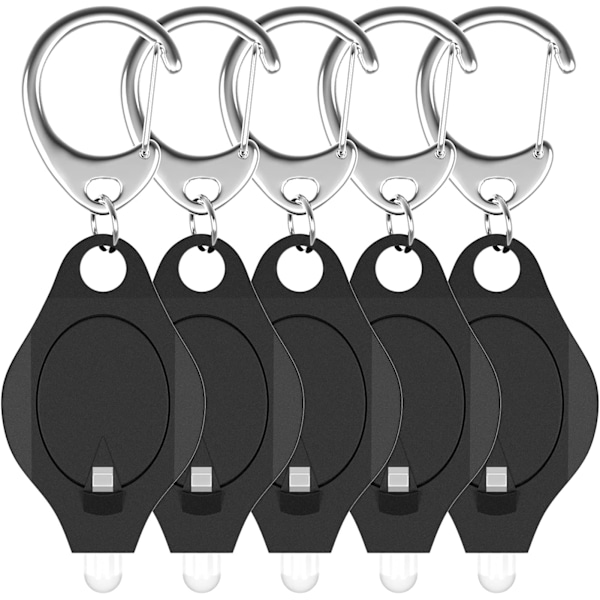 Mini LED nøgleringslommelygte 12 lumen Bærbar Ultralys Batteridrevet Sort Lommelygte med Fjederkarabinhage (Batterier inkluderet), 5-pak