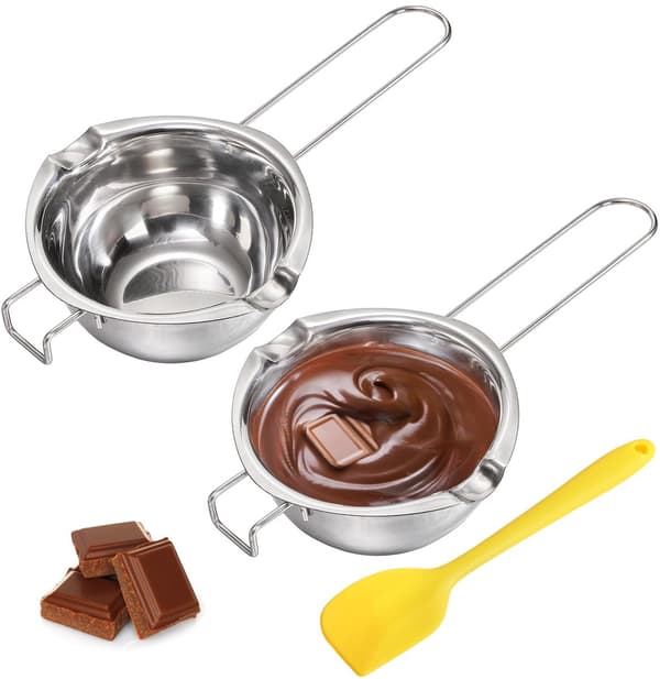 Dobbeltkedel skålsæt i rustfrit stål, til smeltning af chokolade, smør, voks, sæbe, sølv.