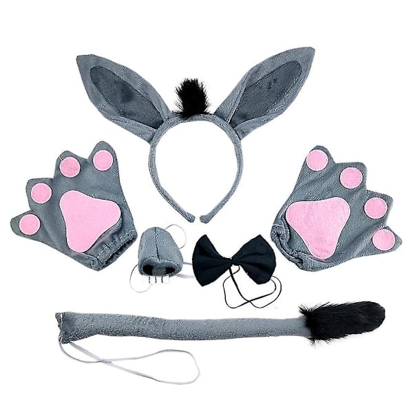 6pcs Party Party Hairy Donkey Headband Hair Hoop Nose Tail Tie Gloves Set Halloween Christmas Costume Cosplay Headwear Decoration