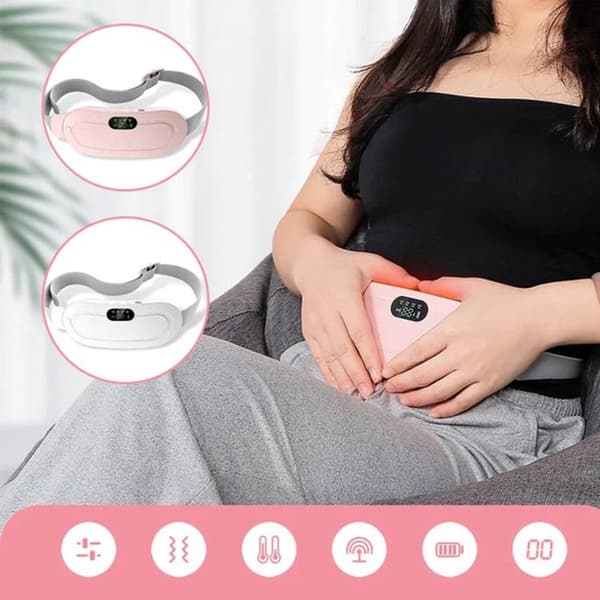 Menstruationsperiode varmeterapi massagebælte, 3 niveauer af opvarmning og vibration, beroligende for maven og ryggen, hvid.