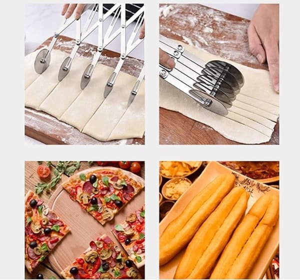 Deigkutter, 3-hjuls deigkutter, pizzakutter, pizzakniv, pizzarulle, justerbar, kakedeler, pizzakutter i rustfritt stål, baking
