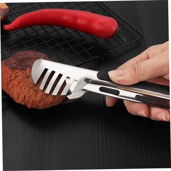 Flerfunksjonell grilltang i rustfritt stål, todelt sett, for matlaging, grilling, salat og servering, sølv.