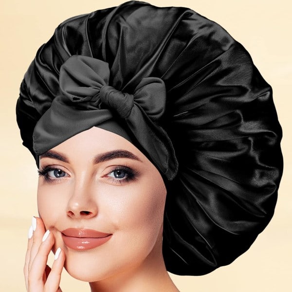Satiini Bonnet - Silkkibonet naisille, hiusbonnet nukkumiseen, Jumbo Bonnet Satiini Silkkibonet, säädettävä solmittava bonnet (musta)