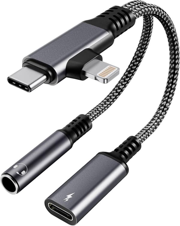 2-i-1 USB-C- og Lightning-til-3,5 mm hodetelefonadapter med ladeport, egnet for iPhone 15/14/13/12/11, Android, iPad, bærbar PC, MacBook