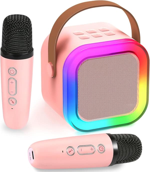 Karaokemaskin för barn med Bluetooth, dubbla mikrofoner, röstförvrängare + LED-lampor