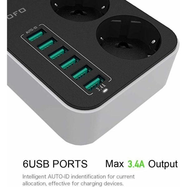 Monitoiminen pistorasia-adapteri 3 kytkettävällä osastolla ja 6 USB:llä (5V/3.4A, 17W), kytkettävällä lapsilukolla ja useilla pistorasioilla