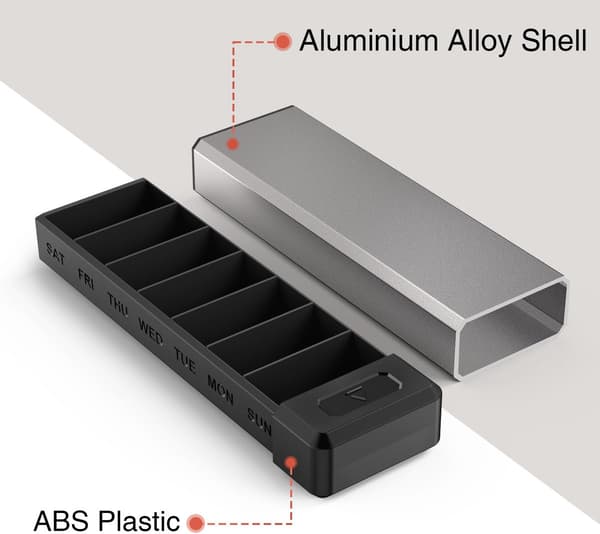 7-dagers magnetisk pilleboks, aluminium og plast, grå