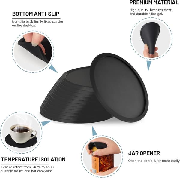 Silikone coasters med stativer - 12 stk. - 10cm - Runde coasters - Sort