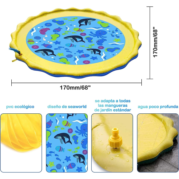 Vandsprøjtningsmåtte Splash Pad Vandsprøjtningsmåtte til Børn Legetøj 170cm Vandsprøjtningsmåtte Udendørs Splash Pad til Have Pool Strand Familie Børn