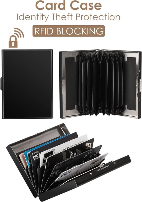Harmonika-stil RFID kortholder i rustfrit stål, rummer 10 kort, fingeraftryksresistent, sort.