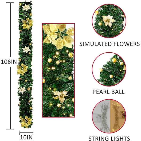 2,7 m joulukranssi LED-valoilla, keinotekoinen rottinkikranssi, ripustettava kranssi etuovelle, takkoihin, portaisiin, joulukoriste (kulta) Gold