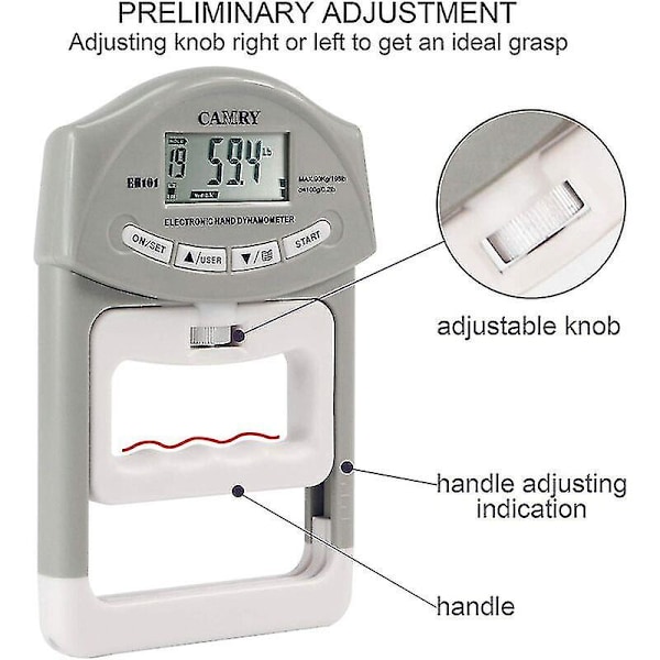 Camry Digital Håndstyrke Tester Dynamometer Automatisk Registrering 90 kg/200 lbs 19,5*12,5*3m (Grå)fonepro
