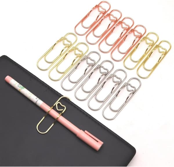 12-pak - Metal Penneclips - Til notesbøger - Notesbogstilbehør - 2,8-tommer store hjerteformede papirclips