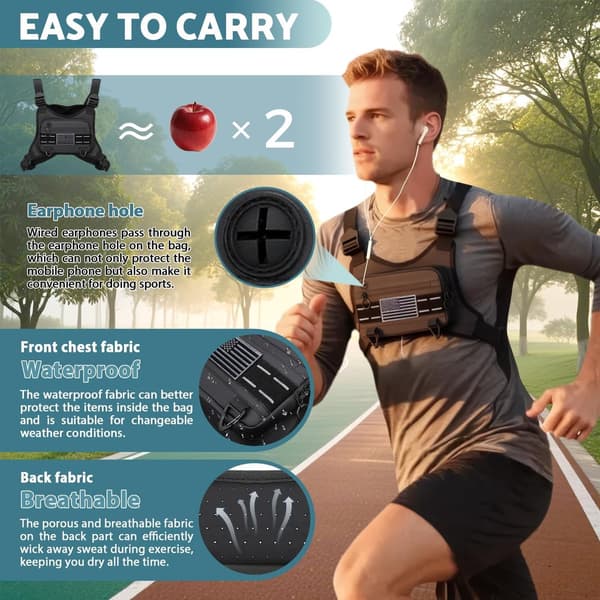Løbe-/cykelvest/-brysttaske, frontlomme til telefon, 26×21×3cm, sort.