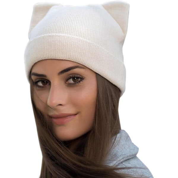 Ladies Winter Knitted Cat Ear Beanie, Warm Fashion Hat - Stylish and Cozy, Beige, One Size