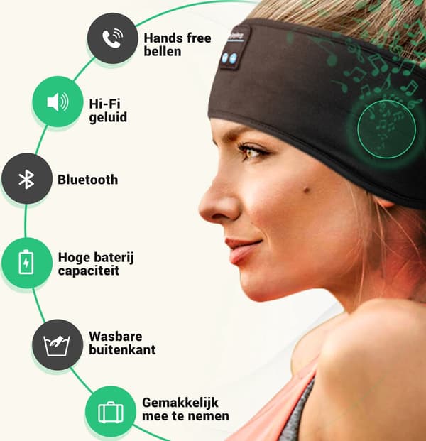 Bluetooth Søvnmaske, Pannebånd med Bluetooth 5.0, Søvntrener, Ørevarmer, Svart