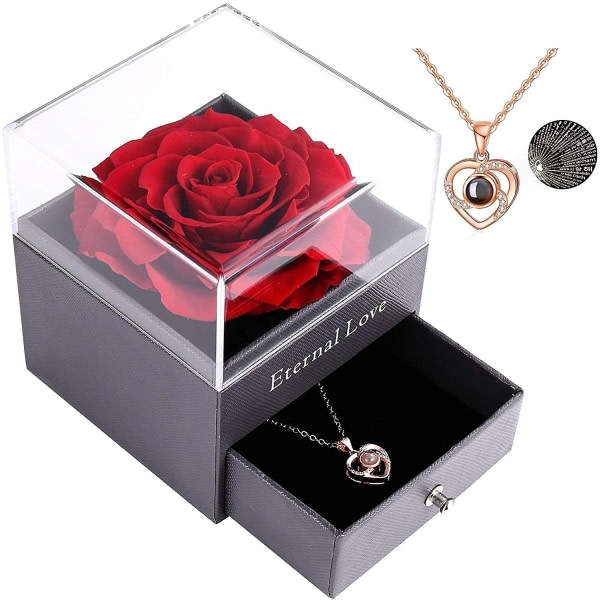 Preserved real rose with love you necklace in 100 languages set