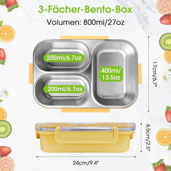 Matboks i rustfritt stål - Bento-boks med 3 rom - Lekkasjesikker isolert matbeholder - 800 ml - Egnet for studenter, barn og voksne