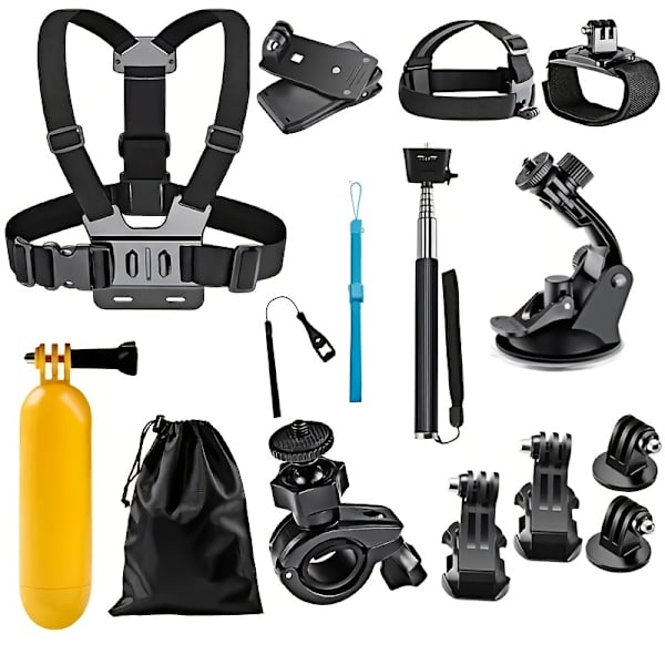12-in-1 Actionkamera Tarvikepaket Yhteensopiva GoPro Hero (Tarvikkeet sisältävät rintahihnan/selfie-tikun/kelluvan tikun/pyörätelineen jne.)