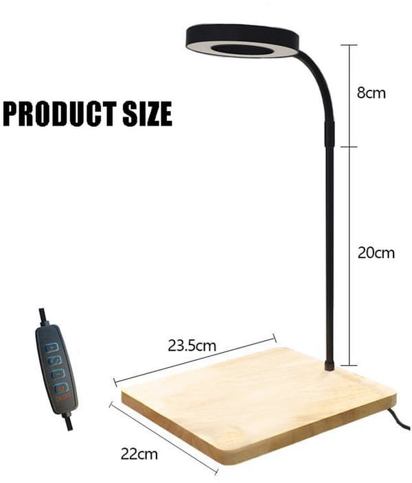 LED akvarieplantelys, trefarget belysning, eikebase, egnet for akvarier og potteplanter, tilgjengelig i tre- og svartfarger.