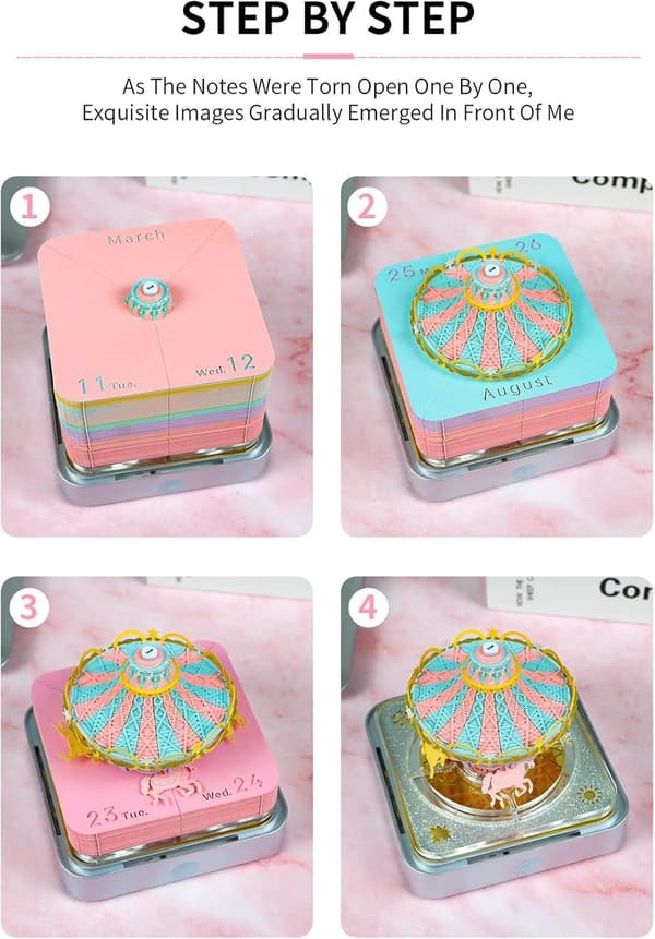 2026 Papirskulptur 3D-kalender, Ukentlig kalender, 9,8×9,8×8,5 cm, Rosa Karusell