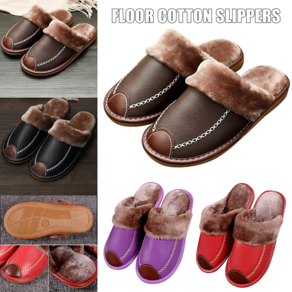Alpha Slippers Blød Foring PU Læder Overdel Unisex Mænd Kvinder Varme Slippers Brun 42-43
