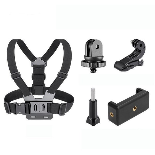 Action Camera Bryststropp - 5-Dels Sett - Stativ - Stabiliserende Bryststropp - Universal Bryststropp - Svart