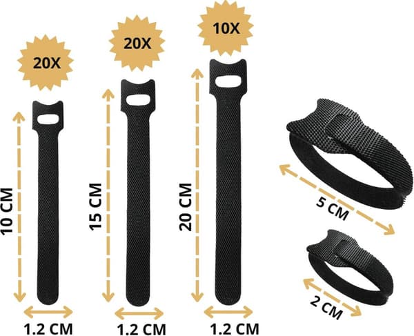 Velcro kabelbindere - Genlukkelige, 3 længder (10, 15, 20 cm) - Genanvendelige kabelholdere - Sort