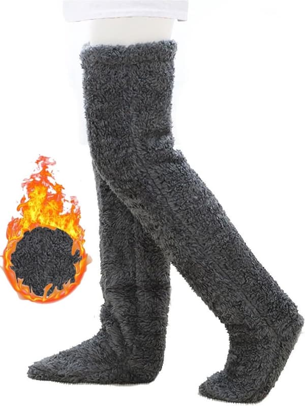 Fleece over-knee strømper til kvinder, et par, vinter høje varme benvarmere, grå.