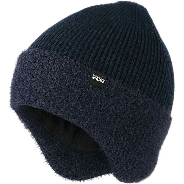 Vinterfleece Line Beanie med Øreklaff for Menn og Kvinner, Utendørs Varmt Termisk Strikket Hette Navy Blue