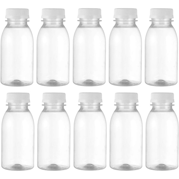 10 st 250 ml mjölkflaskor med lock, transparenta plastburkar, saftflaskor, behållare för fester, hem, utomhus och resor