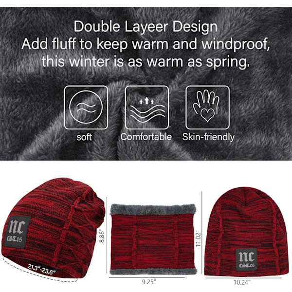 Huer & Halsvarmer Sæt til Mænd & Kvinder Vinter Beanie Hat Tyk Fleeceforet Skuldehat Halsvarmer til Mænd Kvinder Wine Red