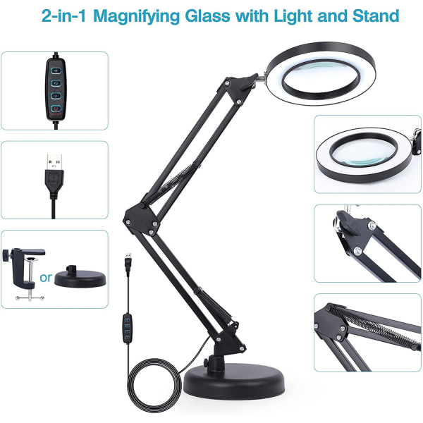 Förstoringsglas med lampa, 8x pannlampa med fäste, 3 färglägen, 10 steglös dimmer, bordsförstoringsglas, vit