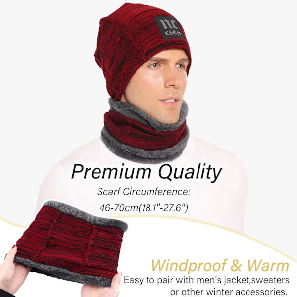 Huer & Halsvarmer Sæt til Mænd & Kvinder Vinter Beanie Hat Tyk Fleeceforet Skuldehat Halsvarmer til Mænd Kvinder Wine Red