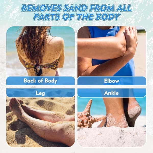 Fjernelse af strandsand med pose, hudvenlig og talkumfri, velegnet til voksne og børn, blågrå.