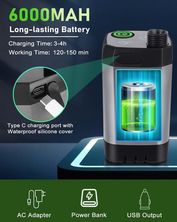 Utomhus campingduschpump, 6000mAh, IPX7 vattentät, med temperaturdisplay, grå.