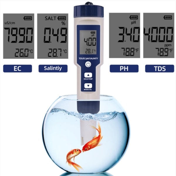 5 i 1 elektronisk PH-mätare, vattenkvalitetstestare, LCD-skärm och läsnoggrannhet