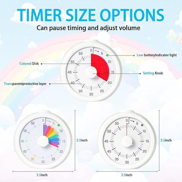 Børnevenlig timer, 60-minutters nedtællingstimer, velegnet til klasseværelse, studie, kontor og køkken, lydløs drift, timer (hvid stil 3)
