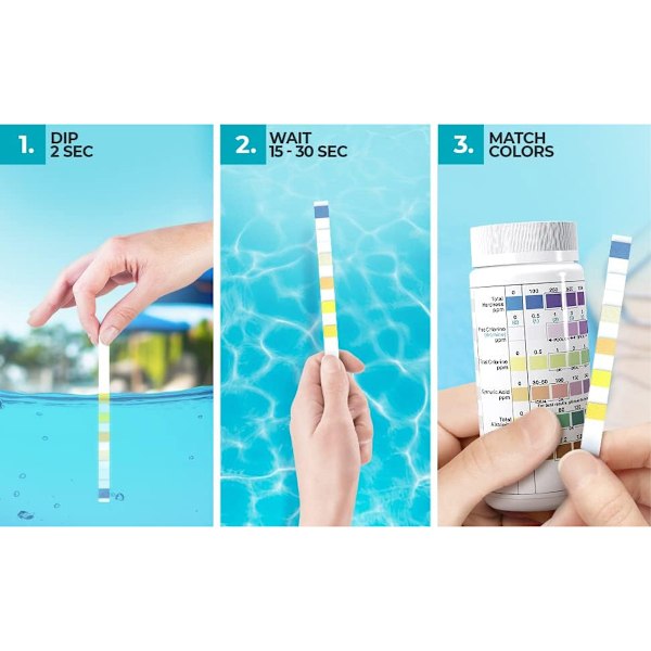 2-pak 6-i-1 Teststrips til Pool Spa, Vandteststrips til Klor/Fri Klor/Ph/Alkalinitet/Cyanursyre/Vandhårdhed, 100 stk