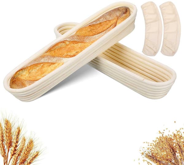Todelt hevekurvsett for baguetter, 34×10×5,5 cm, for surdeigsbaking, beige.
