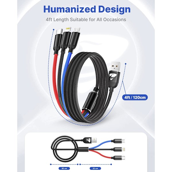 Multiladdningskabel, Nylonflätad 3-i-1 Laddningskabel Multi USB-kabel Snabbladdning
