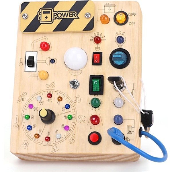 Montessori-lelu, aktiviteettilevy, aistilelu vauvalle, 10 kytkimellä ja 23 LED-valolla, puulelu, matka