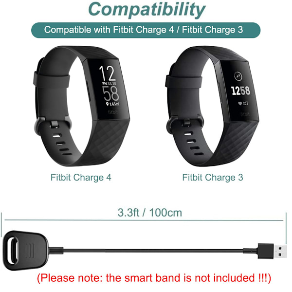 Lader for Fitbit Charge 4 & Fitbit Charge 3, Erstatningsladekabel Clip Cord Dock for Fitbit Charge 3 / Charge 4 Aktivitetsmåler