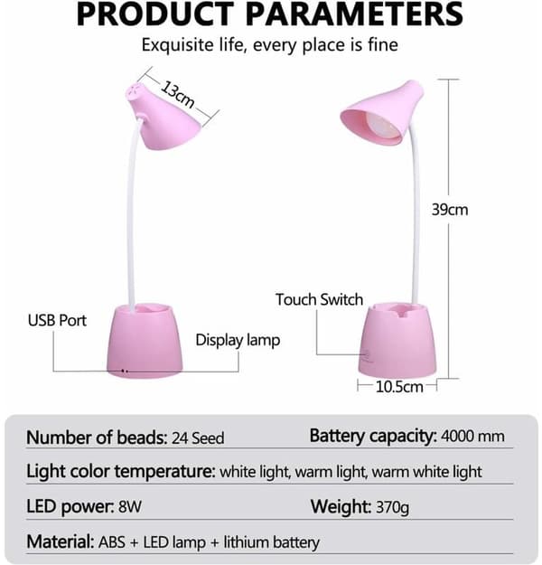 LED-bordlampe med 3 lysmoduser, berøringssensor, 360° roterbar og dimbar, egnet for lesing, studier og arbeid (hvit).