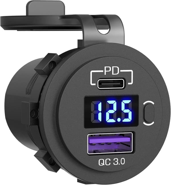 48W Indbygget Biloplader, PD+QC, med 12-24V Voltmeter