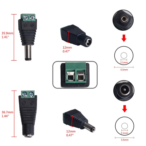 12 stk. DC strøm Han/Hun stik Adapter 12v Jack Stik Adapter til Videomonitor CCTV Kamera Kabel LED Lysbånd